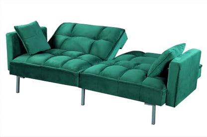 Regal 75.6" Velvet Convertible Sofa Bed - Mid-Century Sleeper Couch w/Tufted Design & Metal Legs - Pull-Out Futon for Guests/Home (75.6" W x 34.6" D x 32" H), Green