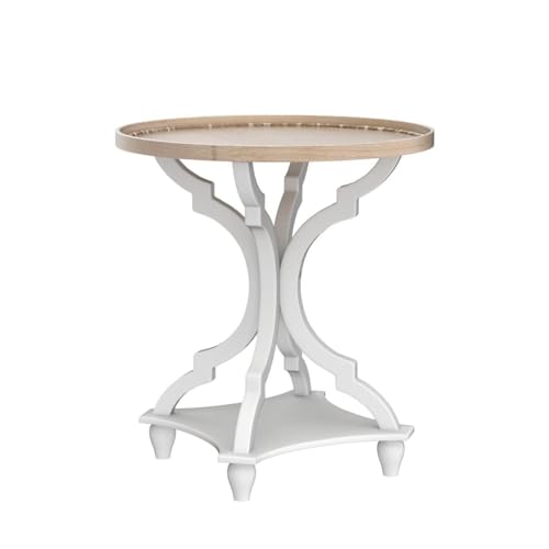 Farmhouse Round Accent End Table, Rustic Side Table Nightstands for Living Room, Wood Tray Top, Handcrafted Finish, Set of 2, White