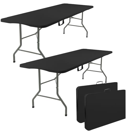 2 Pack 6 Feet Portable Folding Table Black, Steel Legs Fold-in-Half with Carrying Handle Rectangular Plastic Foldable Table for Party, Wedding, Camping, Picnic, Dining, Indoor Outdoor Events