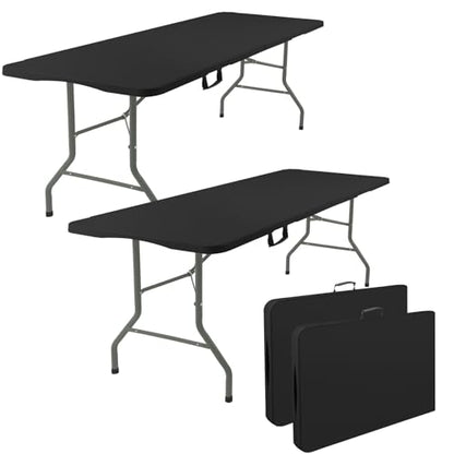 2 Pack 6 Feet Portable Folding Table Black, Steel Legs Fold-in-Half with Carrying Handle Rectangular Plastic Foldable Table for Party, Wedding, Camping, Picnic, Dining, Indoor Outdoor Events