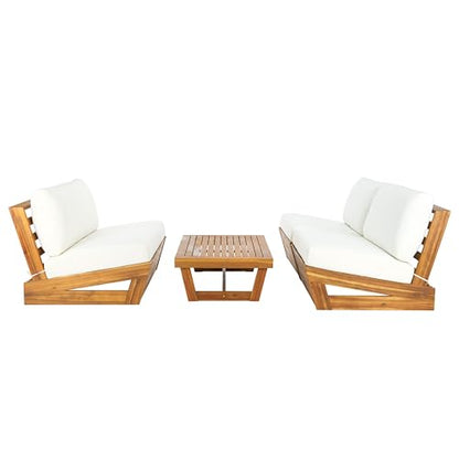 SAFAVIEH Outdoor Patio Furniture - Dune 4-Piece Set - Sand & Beige - Acacia Wood - Modern, Conversation Set with Detachable Cushion Covers - Ideal for Patio, Deck, Porch, Backyard (PAT9515A-KIT3)