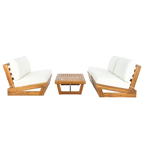 SAFAVIEH Outdoor Patio Furniture - Dune 4-Piece Set - Sand & Beige - Acacia Wood - Modern, Conversation Set with Detachable Cushion Covers - Ideal for Patio, Deck, Porch, Backyard (PAT9515A-KIT3)
