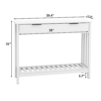 White Narrow Console Table with Drawer Storage Shelf, Modern Wooden Entryway Sofa Table, 39 Inch Slim Behind Couch Table, Side Display Console Table for Living Room,Office,White