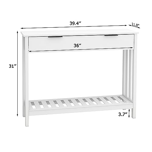White Narrow Console Table with Drawer Storage Shelf, Modern Wooden Entryway Sofa Table, 39 Inch Slim Behind Couch Table, Side Display Console Table for Living Room,Office,White