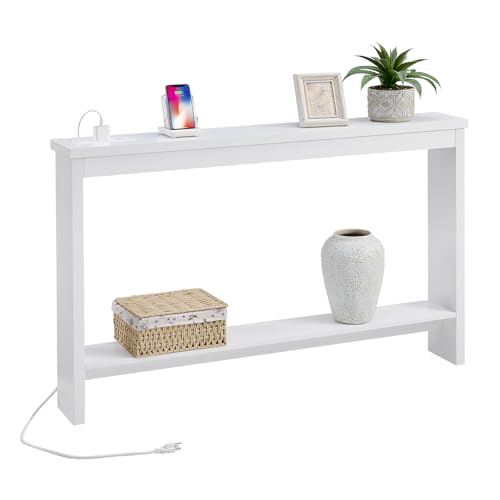 ZGREN Narrow Sofa Table with Outlet and USB Port, Behind Couch Table Skinny Console Table with Charging Station Thin and Long Slim Entryway Table for Living Room, Hallway, Entry Hall, Foyer, White