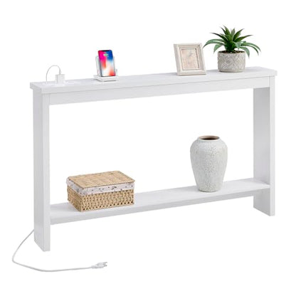 ZGREN Narrow Sofa Table with Outlet and USB Port, Behind Couch Table Skinny Console Table with Charging Station Thin and Long Slim Entryway Table for Living Room, Hallway, Entry Hall, Foyer, White