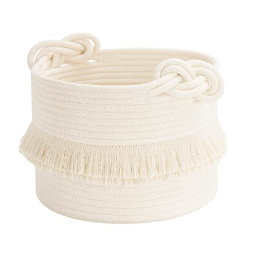 Small Woven Storage Baskets, 9.5'' x 7'' inches Cotton Rope Decorative Hamper for Diaper, Blankets, Magazine and Keys, Cute Tassel Nursery Decor - Home Storage Container, Off-white