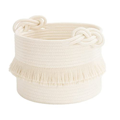 Small Woven Storage Baskets, 9.5'' x 7'' inches Cotton Rope Decorative Hamper for Diaper, Blankets, Magazine and Keys, Cute Tassel Nursery Decor - Home Storage Container, Off-white