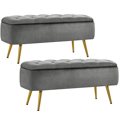 Yaheetech Ottoman with Storage 2pcs, Velvet Entryway Bench with Safety Hinge, Upholstered Bench with Seating for Bedroom, Living Room, Holds up to 519 lb, Gray