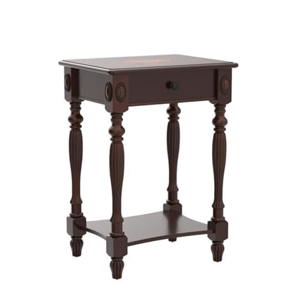 Solid Wood Side Table with Drawer, Victorian Style Vintage Nightstand, Antique Cherry Wood End Tables Living Room Bedroom, 19.7x15.7x27.6 inch, No-Tools Assembly, Cherry Walnut GBJ-1533-WD