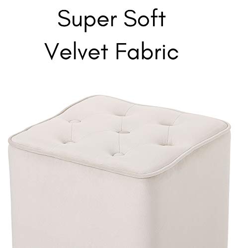 Tufted Tan Velvet Ottoman Foot Stool - Square - Soft Compact Padded Stool - Great for The Living Room, Bedroom and Kids Room - Upholstered Small Furniture