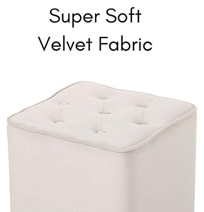 Tufted Tan Velvet Ottoman Foot Stool - Square - Soft Compact Padded Stool - Great for The Living Room, Bedroom and Kids Room - Upholstered Small Furniture