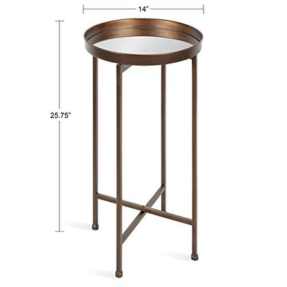 Celia Round Metal Foldable Accent Table with Mirror Tray Top, Bronze