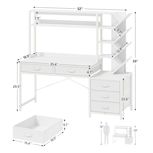 52" Computer Desk with Bookshelf, 5 Drawers ＆ Hutch for Bedroom, view 3