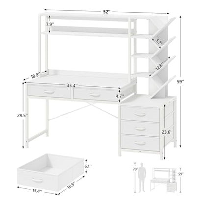 52" Computer Desk with Bookshelf, 5 Drawers ＆ Hutch for Bedroom, view 3