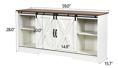 TV Stand for 65 Inch TV for Living Room, Modern Farmhouse Barn Door TV Stand with Storage Cabinets and Adjustable Shelves for Bedroom, Media Entertainment Center TV Console Table, White