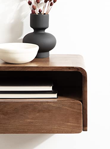 Kato Modern Wood Floating Side Table with Drawer, 18 x 10 x 9, Walnut Brown, Contemporary Wooden Floating Nightstand for Bedroom Bedside Table