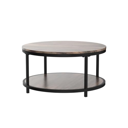 Round Coffee Table, 36” Coffee Table for Living Room, 2-Tier Wood Desktop & Sturdy Metal Legs Table Home Furniture with Storage Shelf (Walnut)