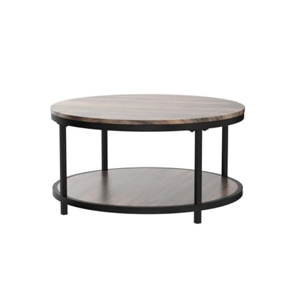 Round Coffee Table, 36” Coffee Table for Living Room, 2-Tier Wood Desktop & Sturdy Metal Legs Table Home Furniture with Storage Shelf (Walnut)