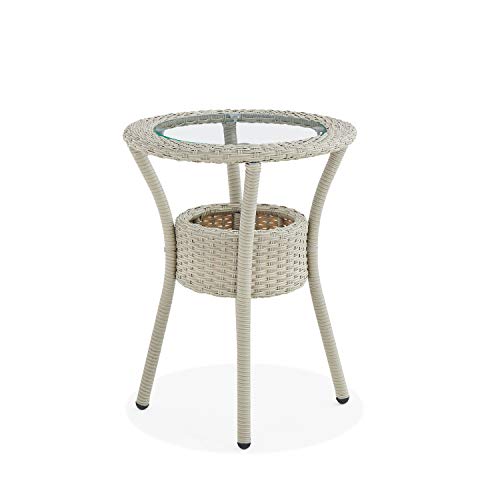 Modern and Weatherproof Haven All-Weather Wicker Outdoor Round Glass-Top Accent Table with Storage - Outdoor Furniture Patio Set & Metal - 20 in. W x 20 in. D x 26 in. H