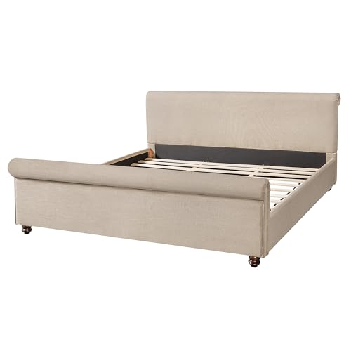 King Size Upholstered Bed Frame with Linen Fabric, view 6