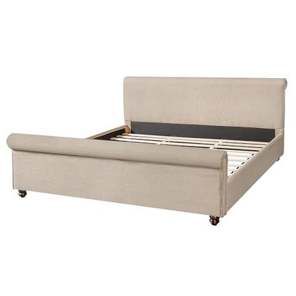 King Size Upholstered Bed Frame with Linen Fabric, view 6