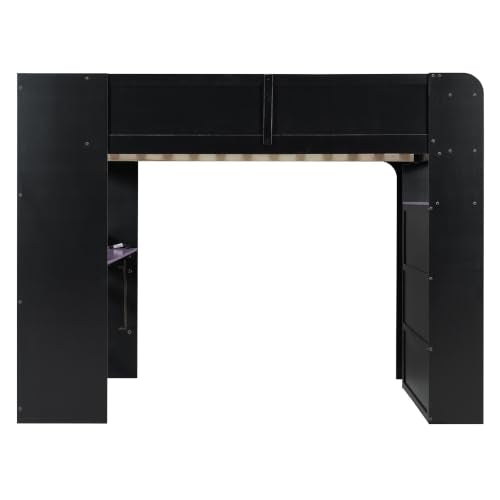 Full Size Wood Bunk Bed with Height-Adjustable Desk, Wardrobe, Open Shelves