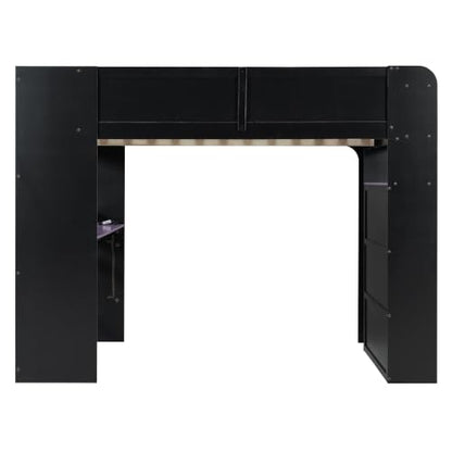 Full Size Wood Bunk Bed with Height-Adjustable Desk, Wardrobe, Open Shelves