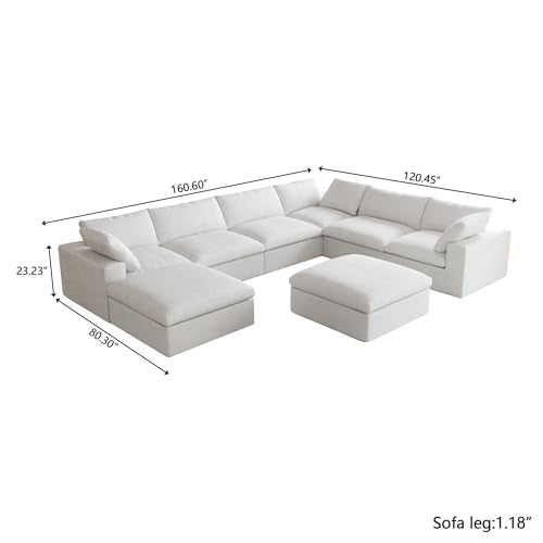 Cloud Modular Sectional Couch,160inch Overzised Down Filled Comfort Sofa Couch for Living Room,8 Seater Minimalist Wide Deep Seat Convertible Couches,Sofa Cover Washable & Removable,White