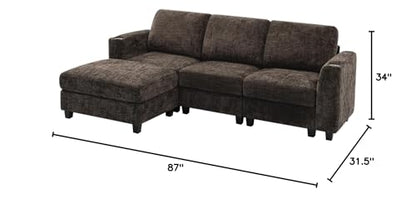 87" Chenille 3 Seater Couch with Soft Ottoman, Brown | L-Shape Sectional Sofa with Durable Cup Holders, Upholstered Sofa with Comfy Backrests for Living Room, House