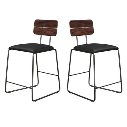 Modern 2-Piece Minimalist Counter Stools with Wooden Back, Set of 2, Black