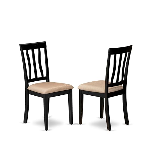ANC-BLK-C Antique Dining Chairs - Linen Fabric Upholstered Wood Chairs, Set of 2, Black