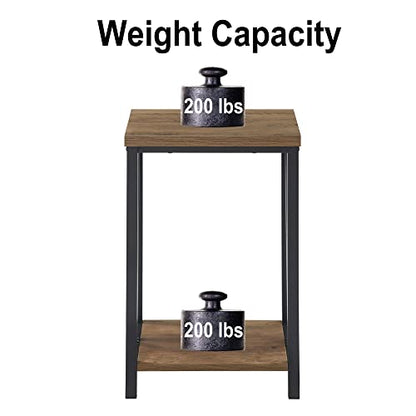 Side Table with Storage Shelf, Rustic End Table for Living Room, Wood and Metal Nightstand for Bedroom, Oak