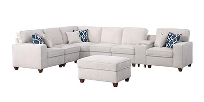 127" L-Shaped Sectional Couches for Living Room with Movable Ottoman,2 Cup Holders & USB Ports,7 Seat Chenille Upholstered Sofa W/6 Throw Pillows & Hidden Storage Box,DIY Combination,Beige