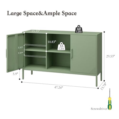 Metal Cabinet, High Capacity Green Buffet Cabinet Coffee Bar Sideboard with Adjustable Shelf, Pantry Drink Locker for Living Room, Kitchen, Bedroom, Dining Room, Entryway (Green)