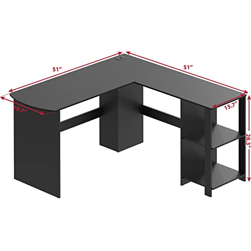 51 x 51 Inches L-Shaped Home Office Wood Corner Desk wtih Storage, Black