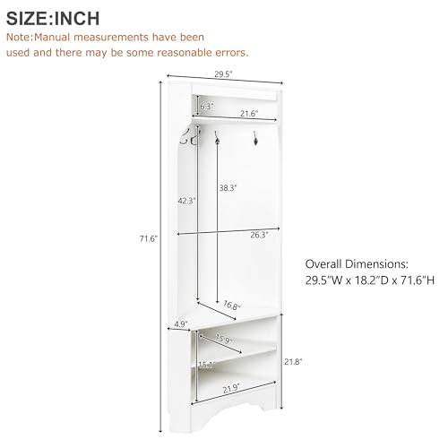Corner Hall Tree with Shoe Bench, Entryway Coat Rack with 4 Hooks, Corner Cabinet with Adjustable Shelf for Hallway, Living Room, White, 29.5''W*71.6''H