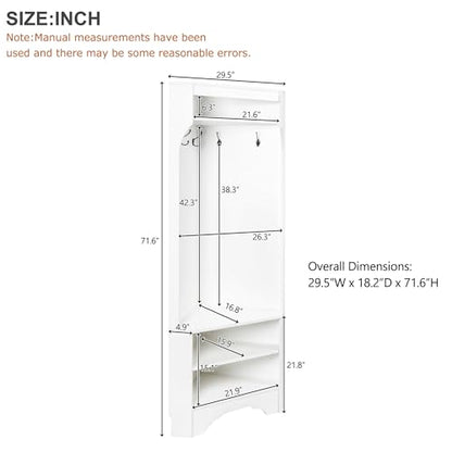 Corner Hall Tree with Shoe Bench, Entryway Coat Rack with 4 Hooks, Corner Cabinet with Adjustable Shelf for Hallway, Living Room, White, 29.5''W*71.6''H
