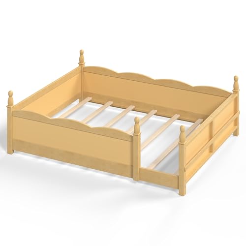 JIVOIT Queen Size Floor Bed with Accessible Door, Wood Montessori Floor Bed with Beside Book Shelf, Childlike Design, Full-Length Guardrails, No Box Spring Needed (Natural/ Queen,15)