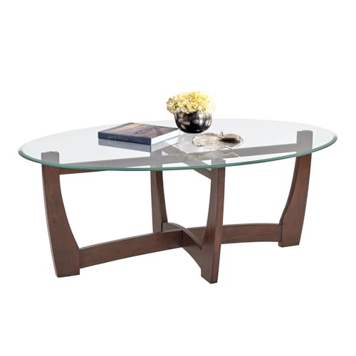 48" Oval Glass Coffee Table with Tempered Glass Top Cross and Solid Wood Base Simple & Modern Center Table for Living Room Office Apartment Cherry