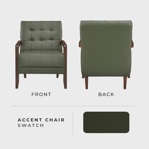 Modern Accent Chair, Luxury Genuine Leather Match Living Room Chair with Tufted Cushions, Solid Wood Frame and Arm Rest, Comfy Upholstered Single Seat for Bedroom/Reading/Office, Green