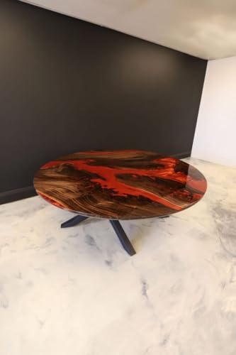 RESINHOMEFURNITURE Round Epoxy Resin Table with Red River Design – Modern Wooden Resin Dining Table with Black Metal Base, Handmade Live Edge Centerpiece Epoxy Table (18 Inches Tall, 30 x 30 Inches)