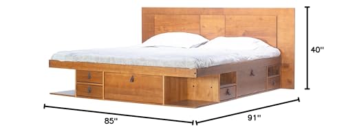 Solid Pine Storage Bed with Compartments and Headboard, Oak Brown, view 3