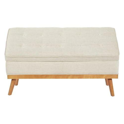 Mid-Century Storage Bench, 43.5"W x 17.5"D x 18.5"H, Linen Beige Fabric, Button-Tufted Design, Solid Wood Espresso Legs, Soft-Close Hinged Top, Hidden Storage for Bedroom or Entryway Use