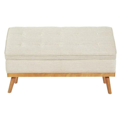 Mid-Century Storage Bench, 43.5"W x 17.5"D x 18.5"H, Linen Beige Fabric, Button-Tufted Design, Solid Wood Espresso Legs, Soft-Close Hinged Top, Hidden Storage for Bedroom or Entryway Use