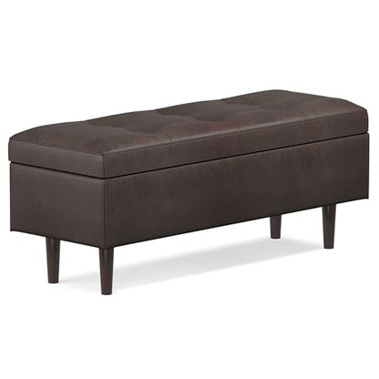 Shay 48 inch Wide Mid Century Modern Rectangular Storage Ottoman in Distressed Chestnut Brown Vegan Faux Leather, Assembled, For the Living Room, Entryway and Family Room