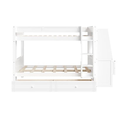 JIVOIT Full Size Bunk Bed, Multifunctional Wood Bunk Bed Frame with Desk and Bookshelves, Drawers, Space-Saving Design, Wooden Slats Support, No Box Spring Needed (White,Full-43)