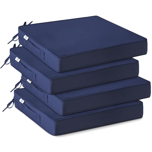 Outdoor Chair Cushions Set of 4 -Waterproof Outdoor Seat Cushions for Patio Furniture, Patio Chair Cushion with Handle and Ties, Square Out Door Chair Pads,19" x 19" x 3", Navy Blue