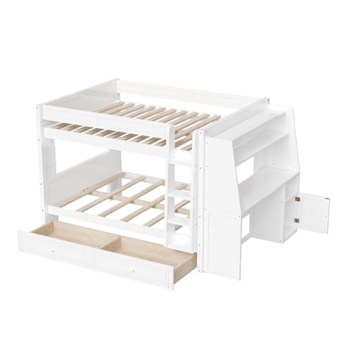 JIVOIT Full Size Bunk Bed, Multifunctional Wood Bunk Bed Frame with Desk and Bookshelves, Drawers, Space-Saving Design, Wooden Slats Support, No Box Spring Needed (White,Full-43)