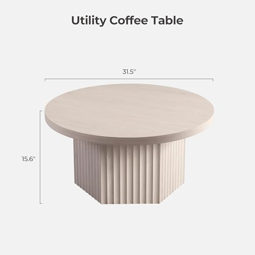 Round Coffee Table for Living Room, 32" Circle Modern Fluted Center Coffee Table with Storage, Mid Century Accent Tea Dining Table for Small Space, Apartment, White Alder